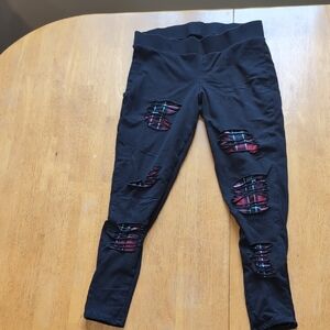 Torrid Black Ripped Leggings with Plaid Accents